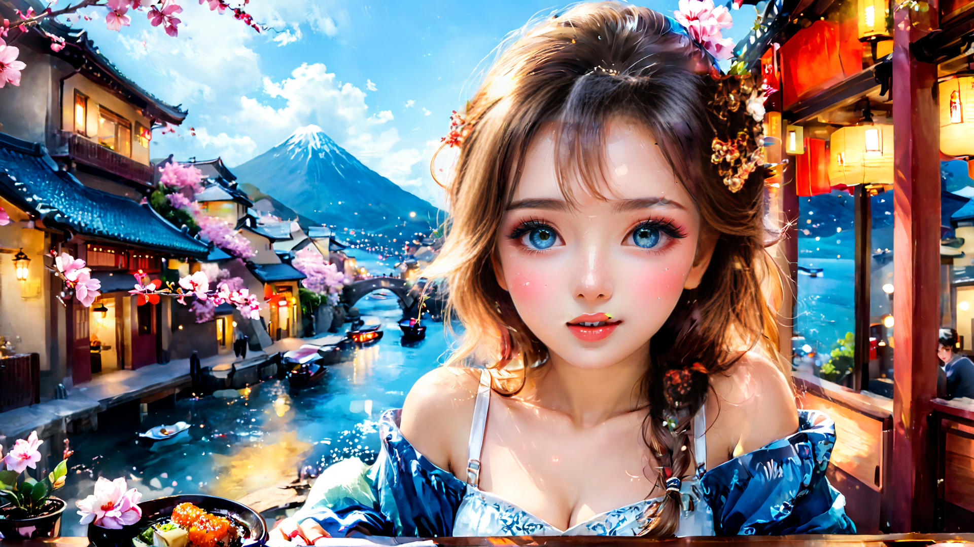 AI generated wallpaper featuring woman, cherry blossoms, waterway