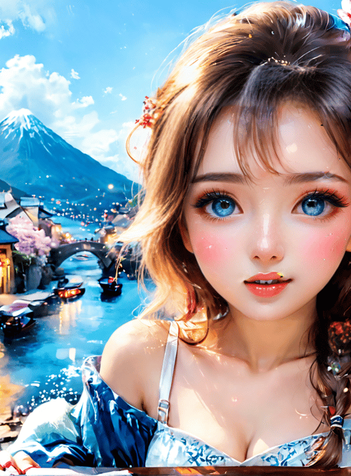 woman, cherry blossoms, waterway
