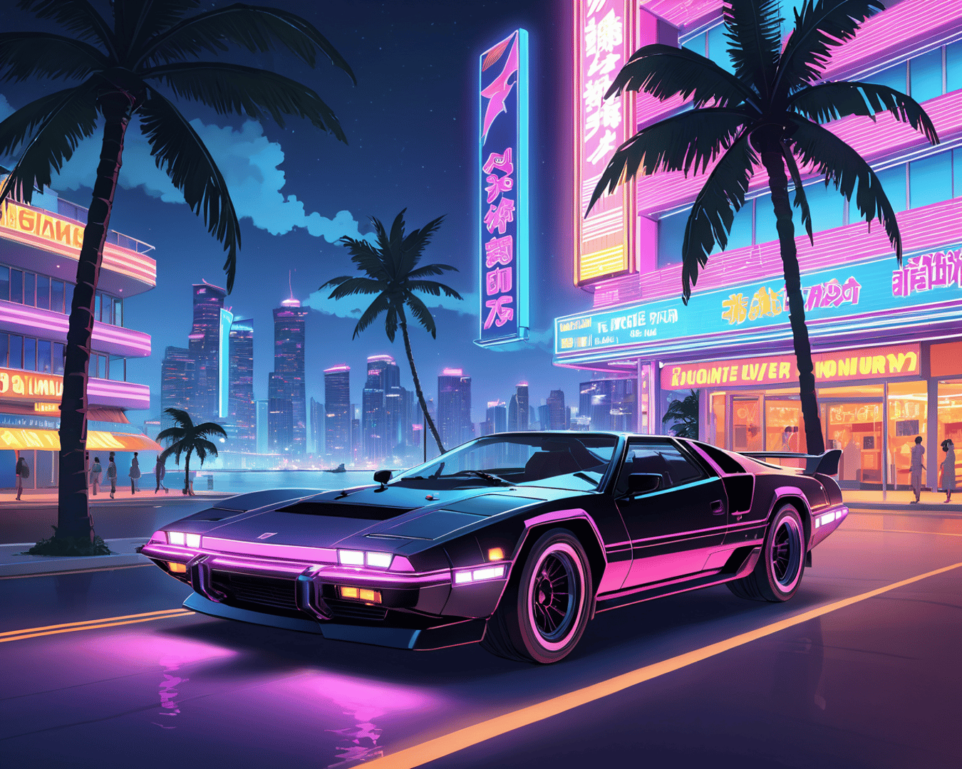 AI generated wallpaper featuring car, cityscape, palm trees