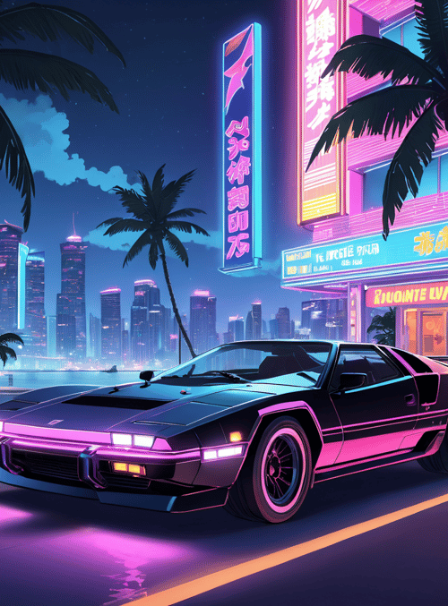 car, cityscape, palm trees
