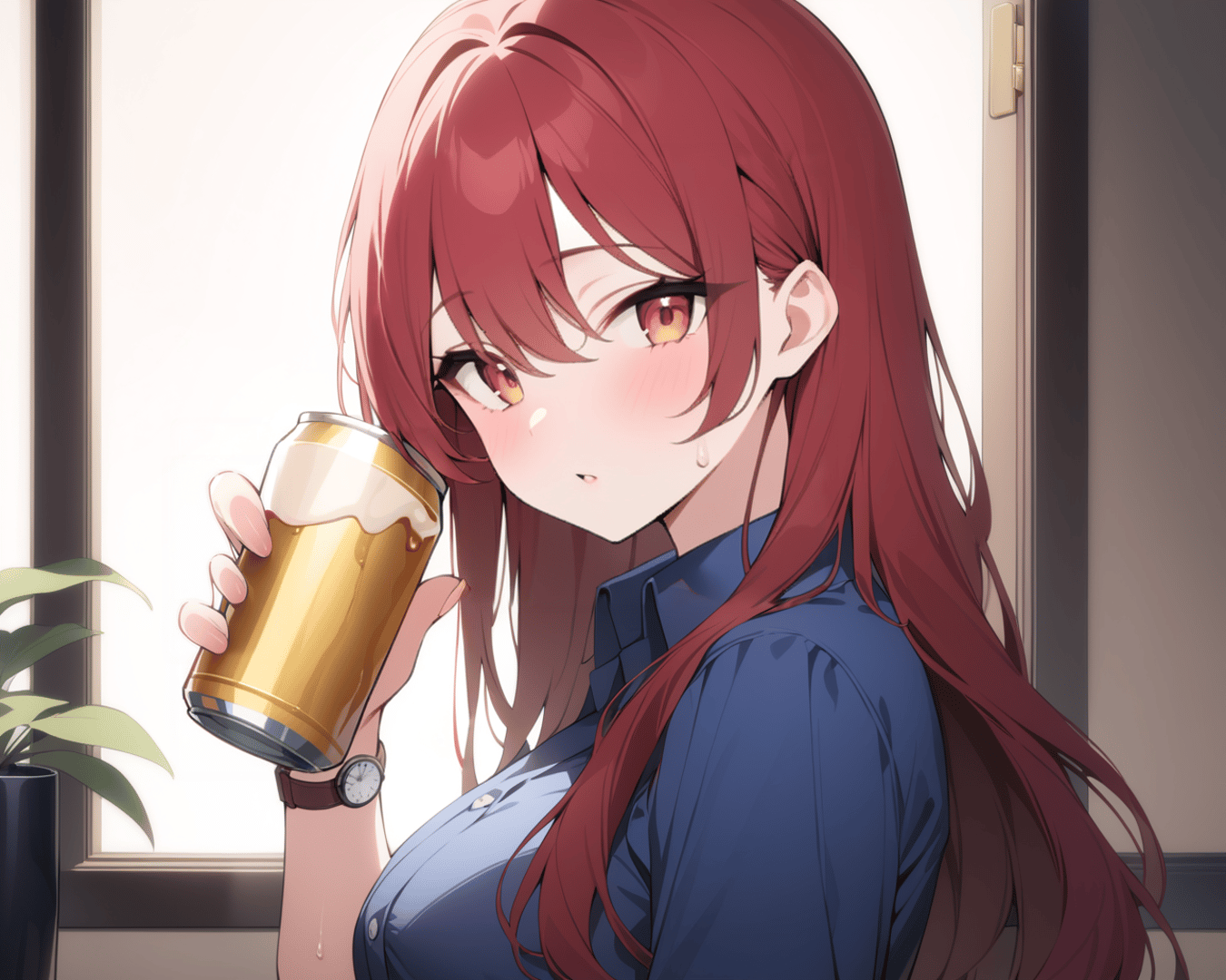 AI generated wallpaper featuring woman, beer, plant