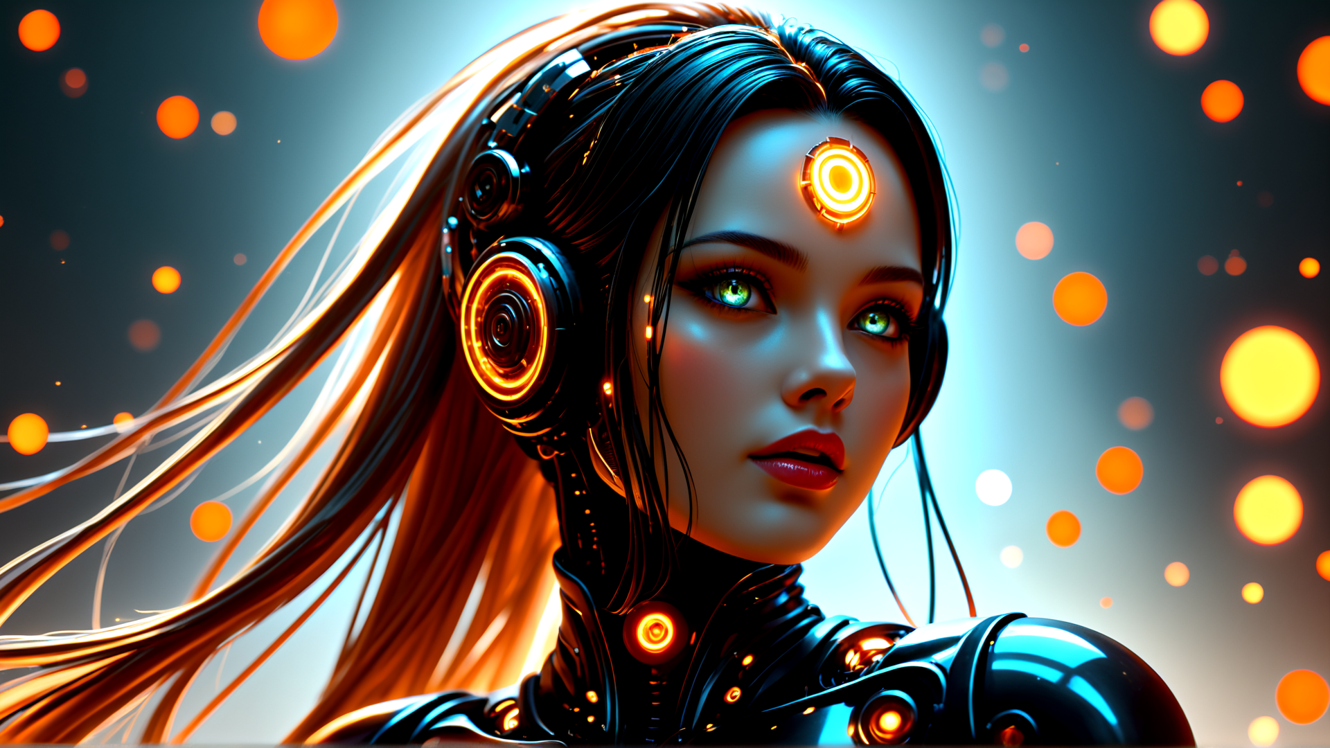 AI generated wallpaper featuring cyborg, woman, headphones, goggles, hair, arm, lights