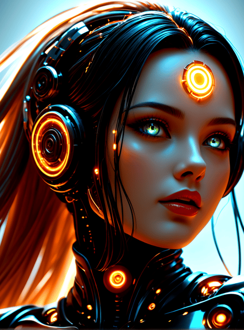 cyborg, woman, headphones, goggles, hair, arm, lights