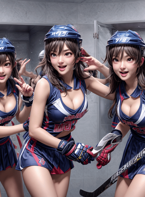 hockey players, team, girls, athletes, sports uniforms, skates, hockey sticks