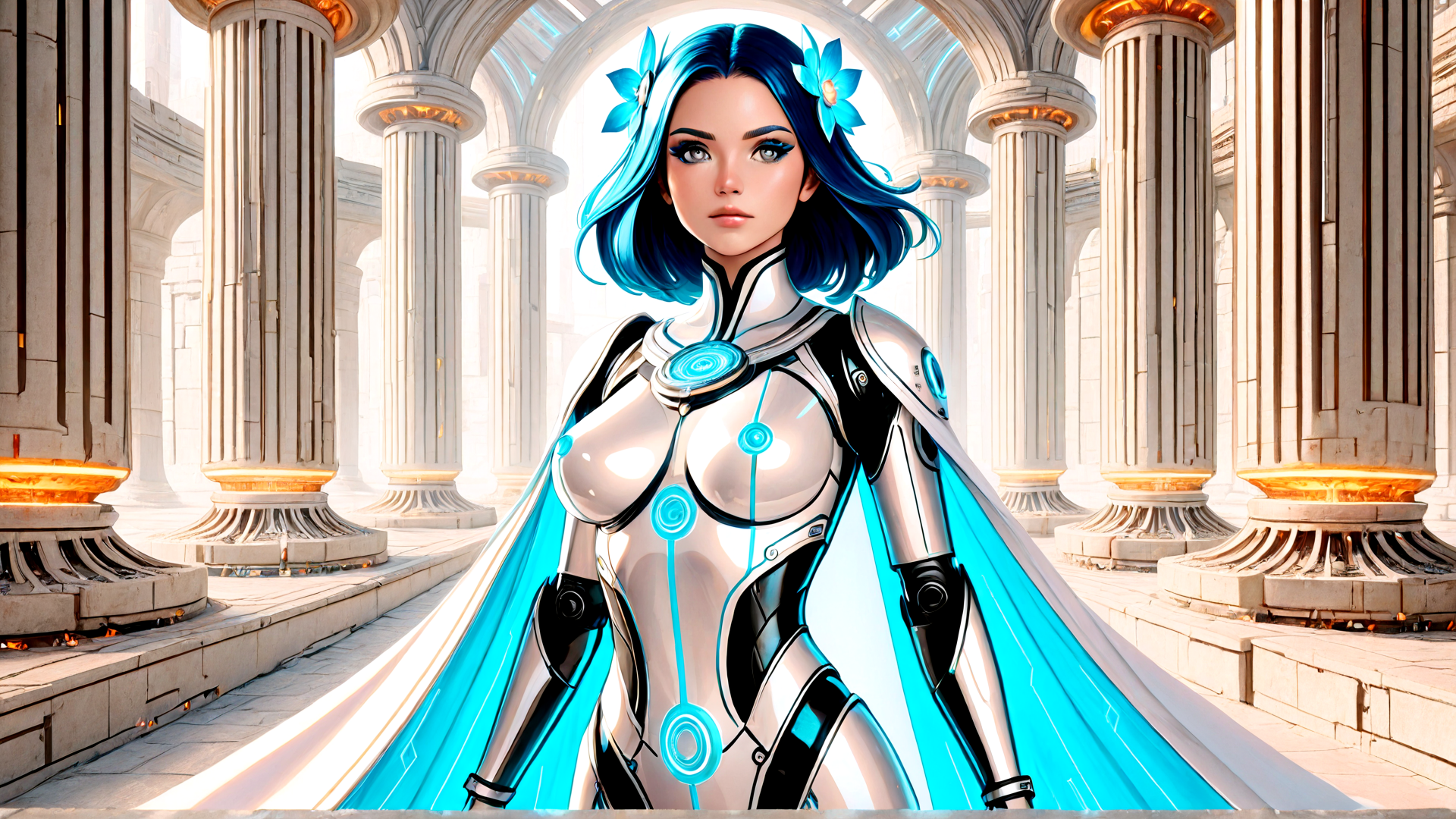 AI generated wallpaper featuring cyborg, woman, column, arch, cape, flower