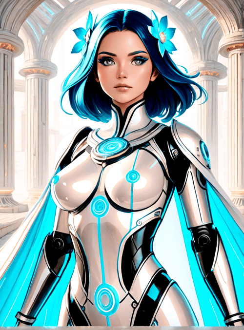 cyborg, woman, column, arch, cape, flower