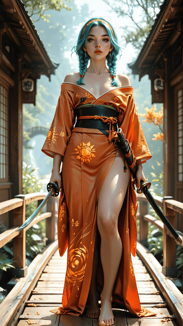 AI generated wallpaper featuring woman, samurai, sword, kimono, bridge, braid, sun, tree, garden, wood