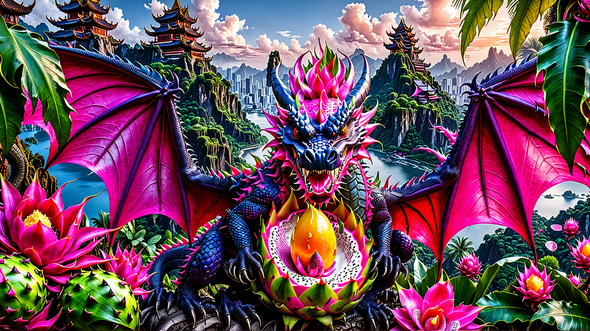 AI generated wallpaper featuring dragon, lotus, dragonfruit