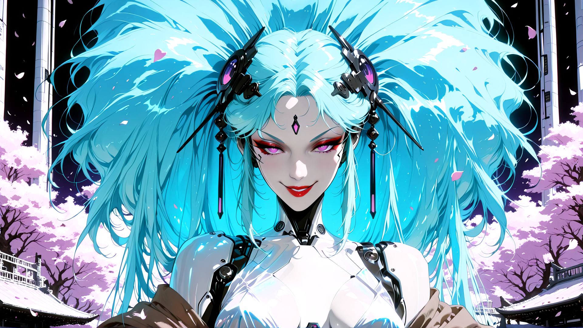 AI generated wallpaper featuring cyberpunk woman, blue hair, mechanical headpiece, sakura trees, futuristic armor
