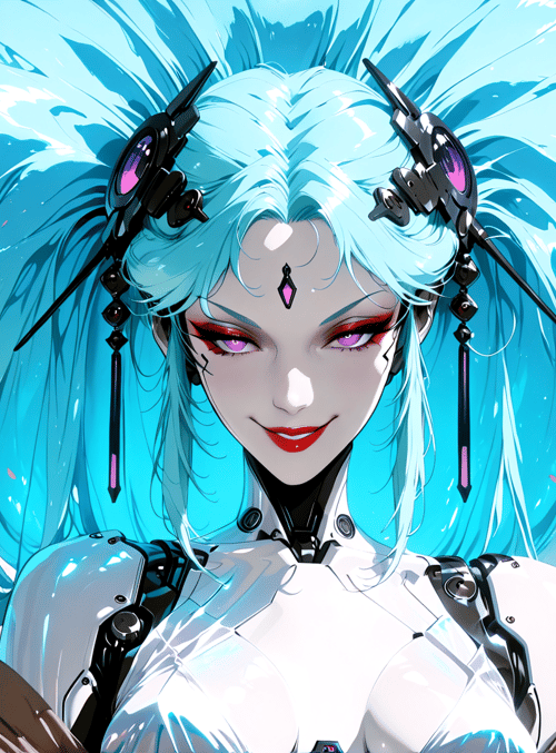 cyberpunk woman, blue hair, mechanical headpiece, sakura trees, futuristic armor