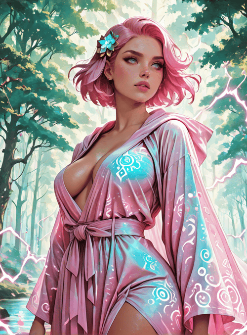 woman, forest, trees, flowers, lightning, kimono, magic