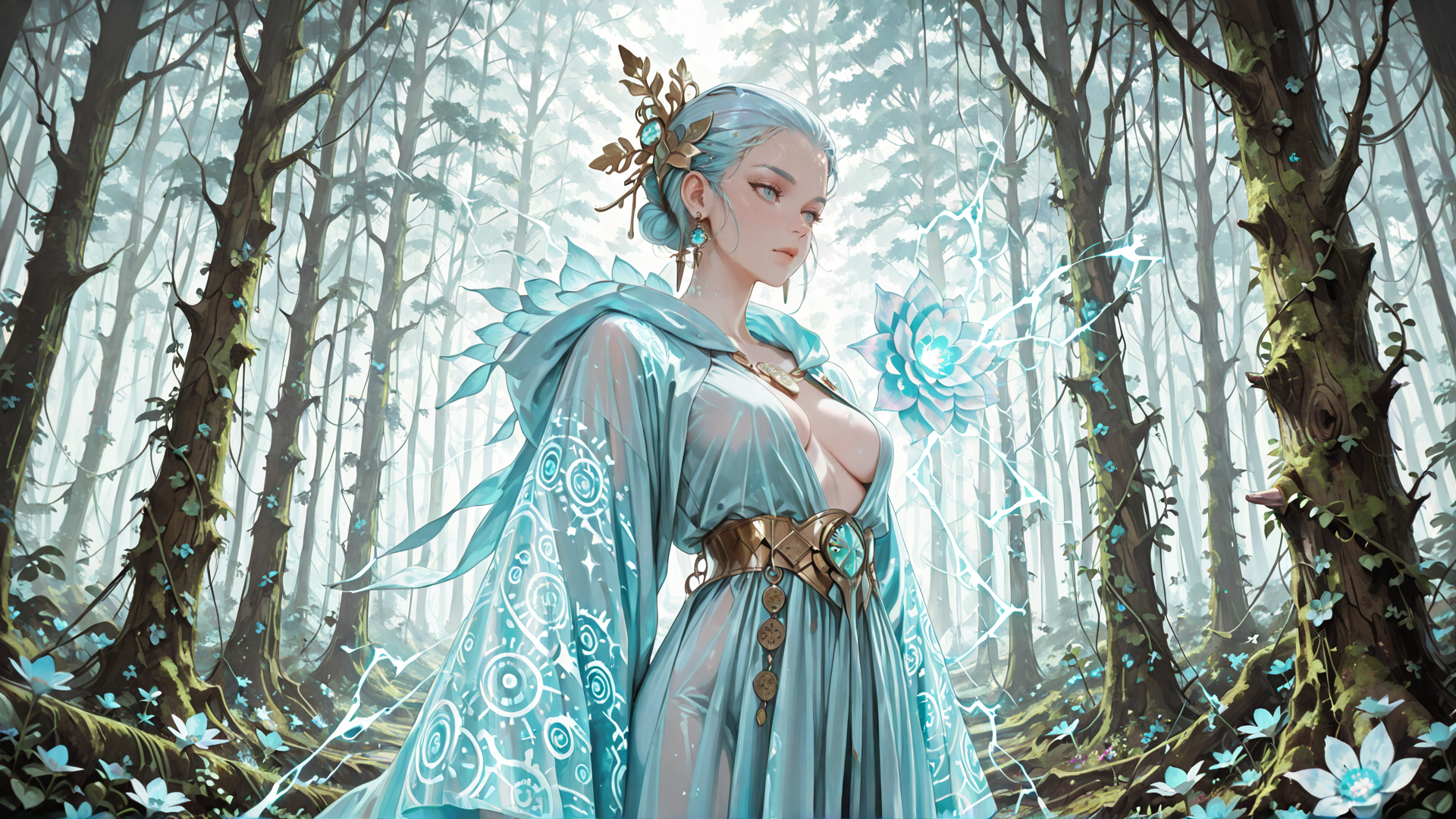AI generated wallpaper featuring elf, goddess, forest, magic, flower, cloak, lightning, nature, dress, tree