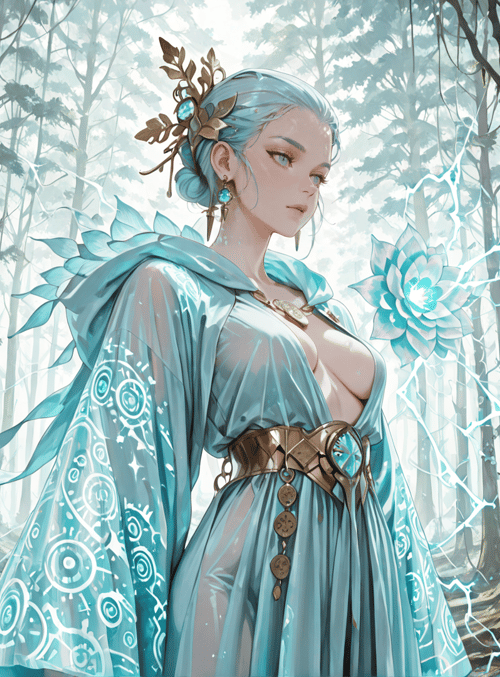 elf, goddess, forest, magic, flower, cloak, lightning, nature, dress, tree