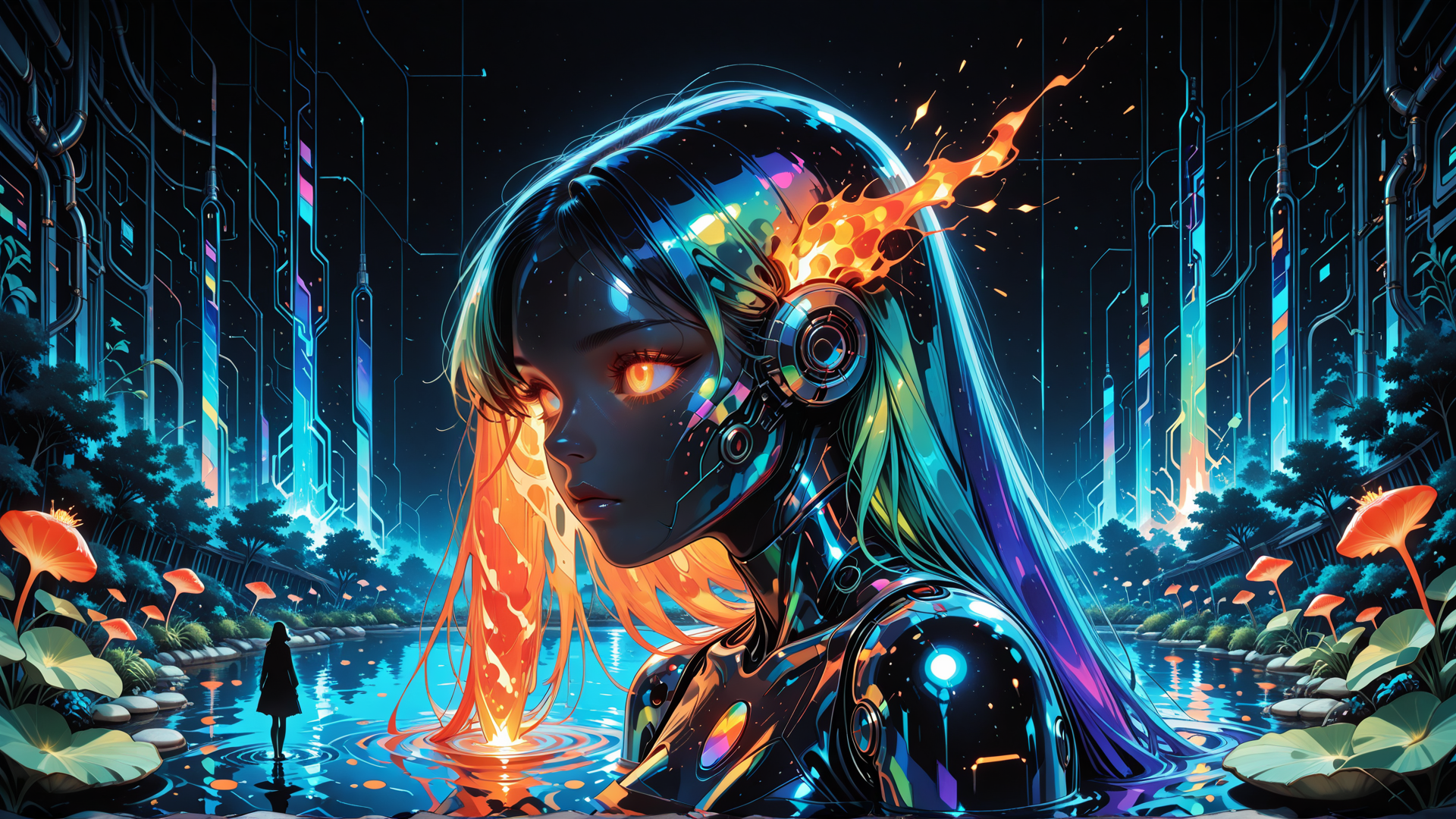 AI generated wallpaper featuring cyborg, girl, fire, water, flowers, trees, cityscape, silhouette, neon, lily