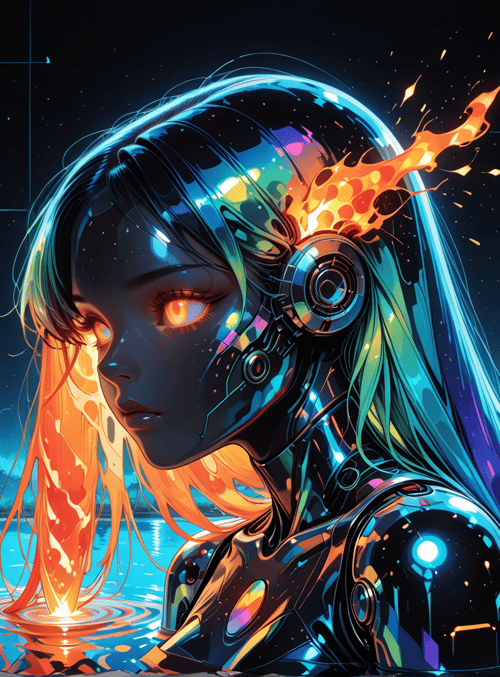 cyborg, girl, fire, water, flowers, trees, cityscape, silhouette, neon, lily