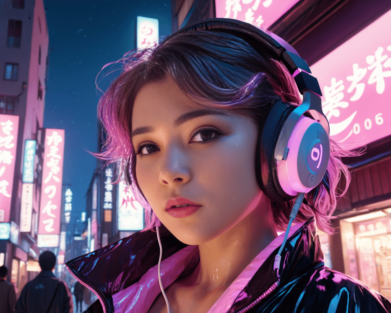 AI generated wallpaper featuring woman, headphones, city