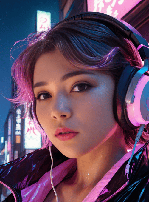 woman, headphones, city