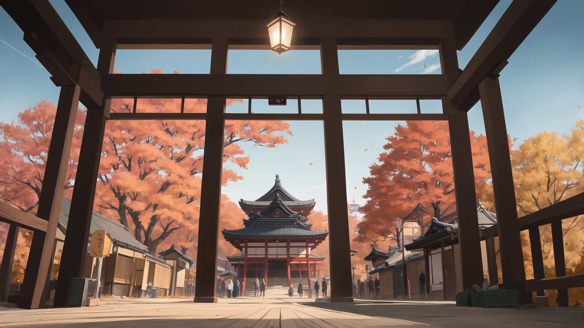 AI generated wallpaper featuring gate, temple, trees, people, lantern