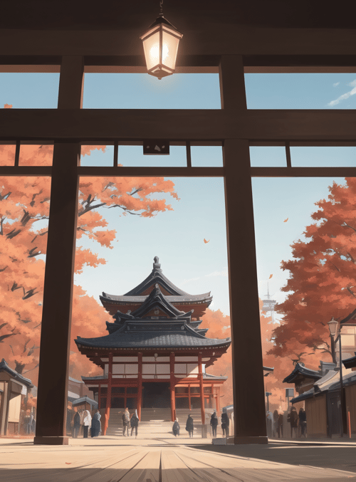gate, temple, trees, people, lantern