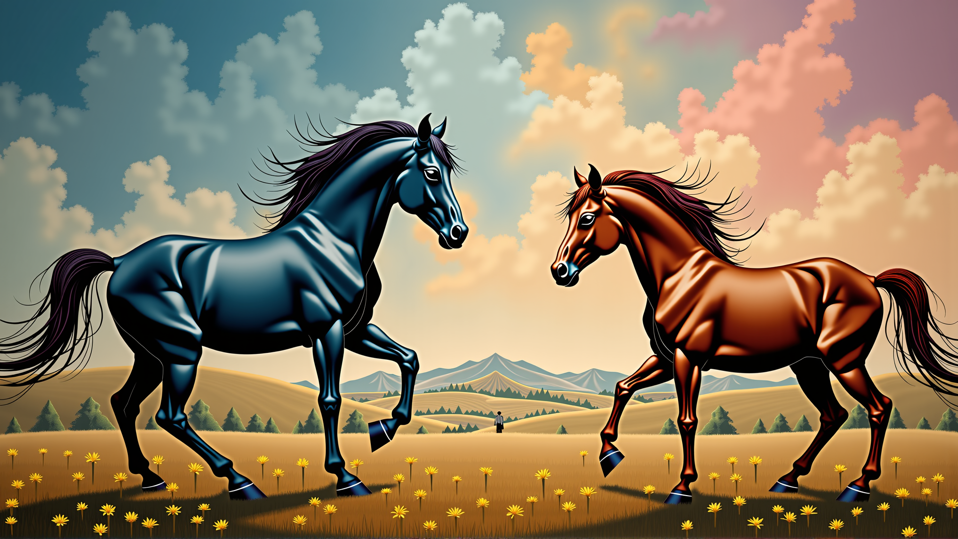AI generated wallpaper featuring horses, field, clouds, mountains, flowers, sky, grass, person, trees, landscape