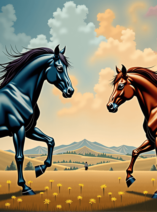 horses, field, clouds, mountains, flowers, sky, grass, person, trees, landscape