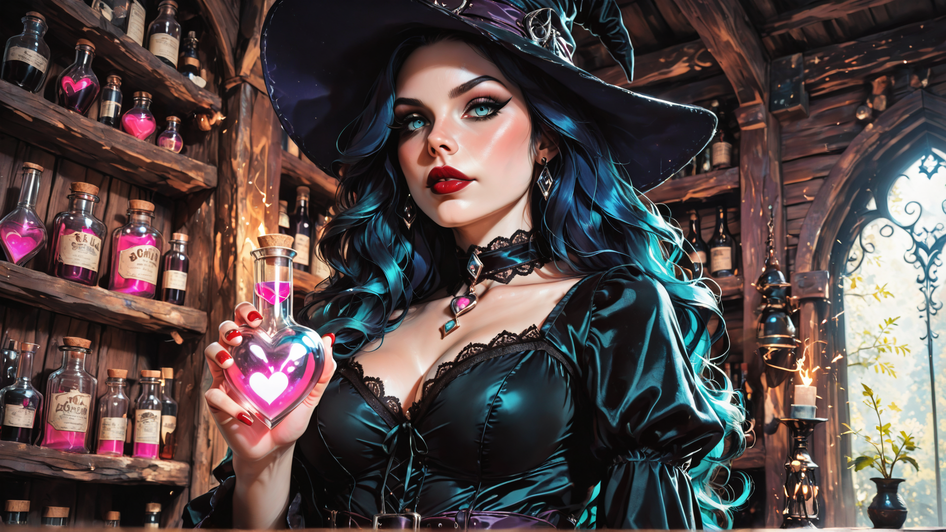 AI generated wallpaper featuring witch, bottle, heart, candle, shelves, plant, hat, dress, laptop, candlestick