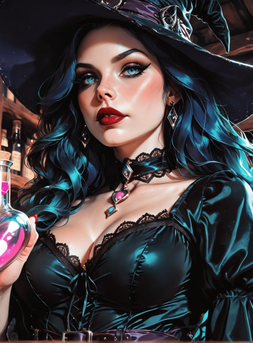 witch, bottle, heart, candle, shelves, plant, hat, dress, laptop, candlestick