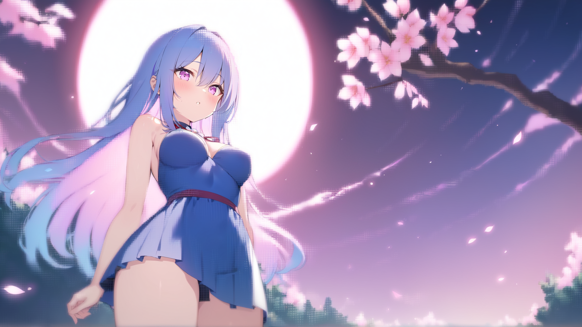 AI generated wallpaper featuring anime girl, cherry blossom, moon