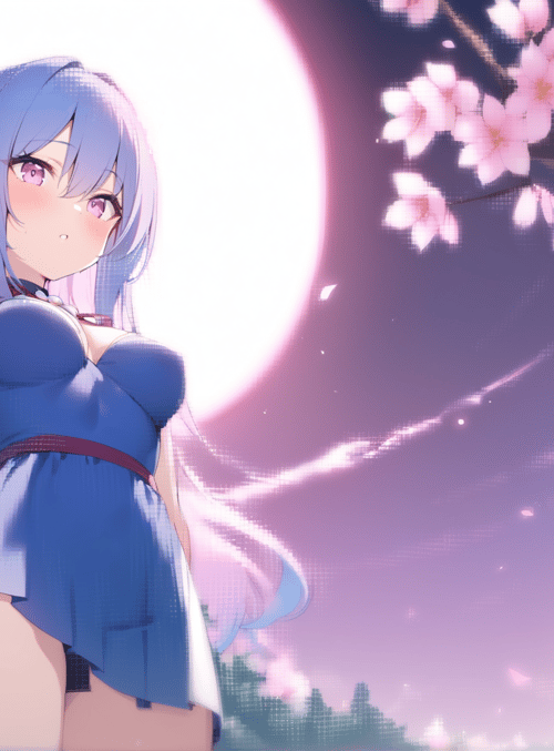 anime girl, cherry blossom, moon