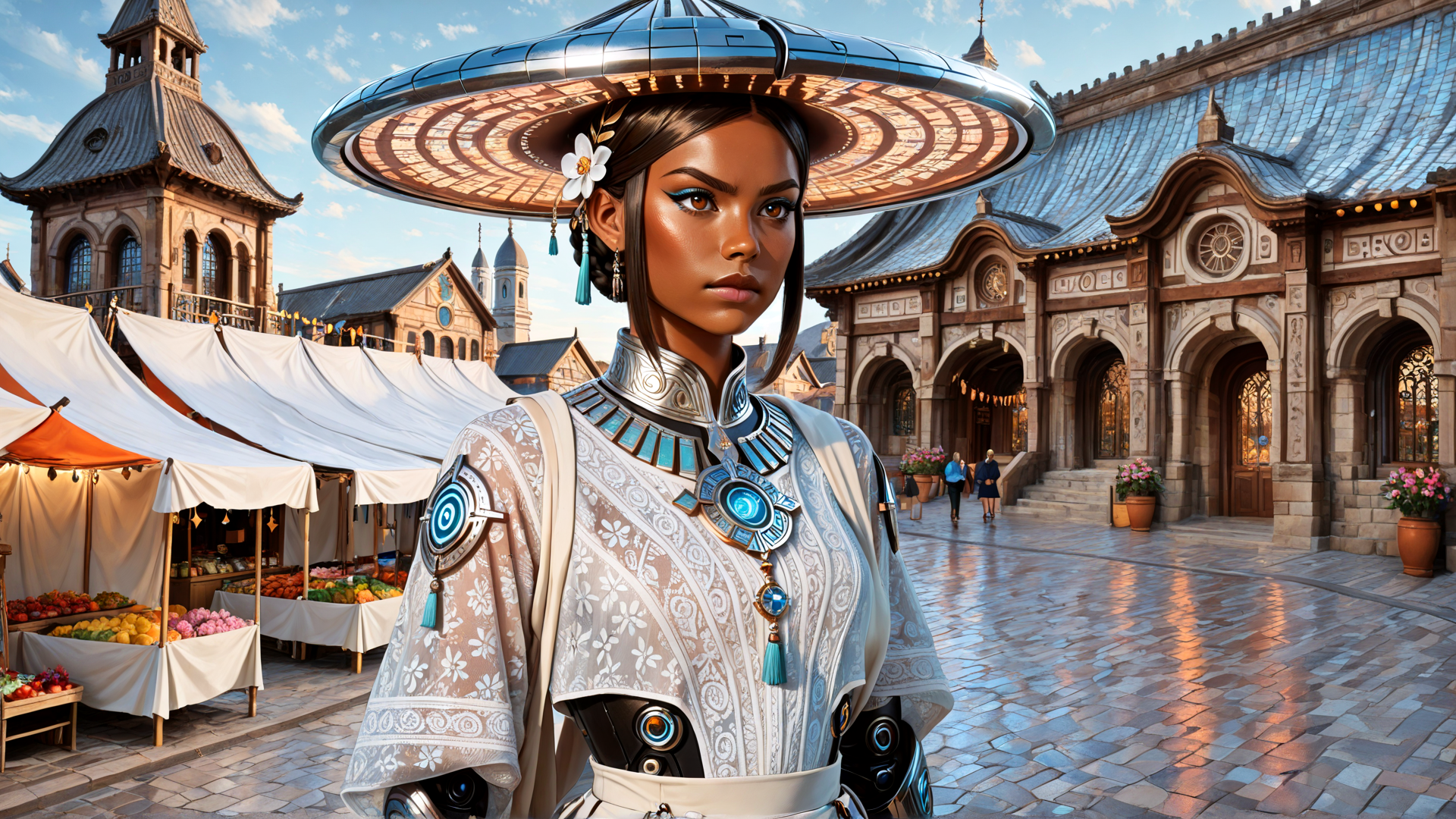 AI generated wallpaper featuring woman, market, buildings, hat, dress, tents, fruit, flowers, architecture, gears