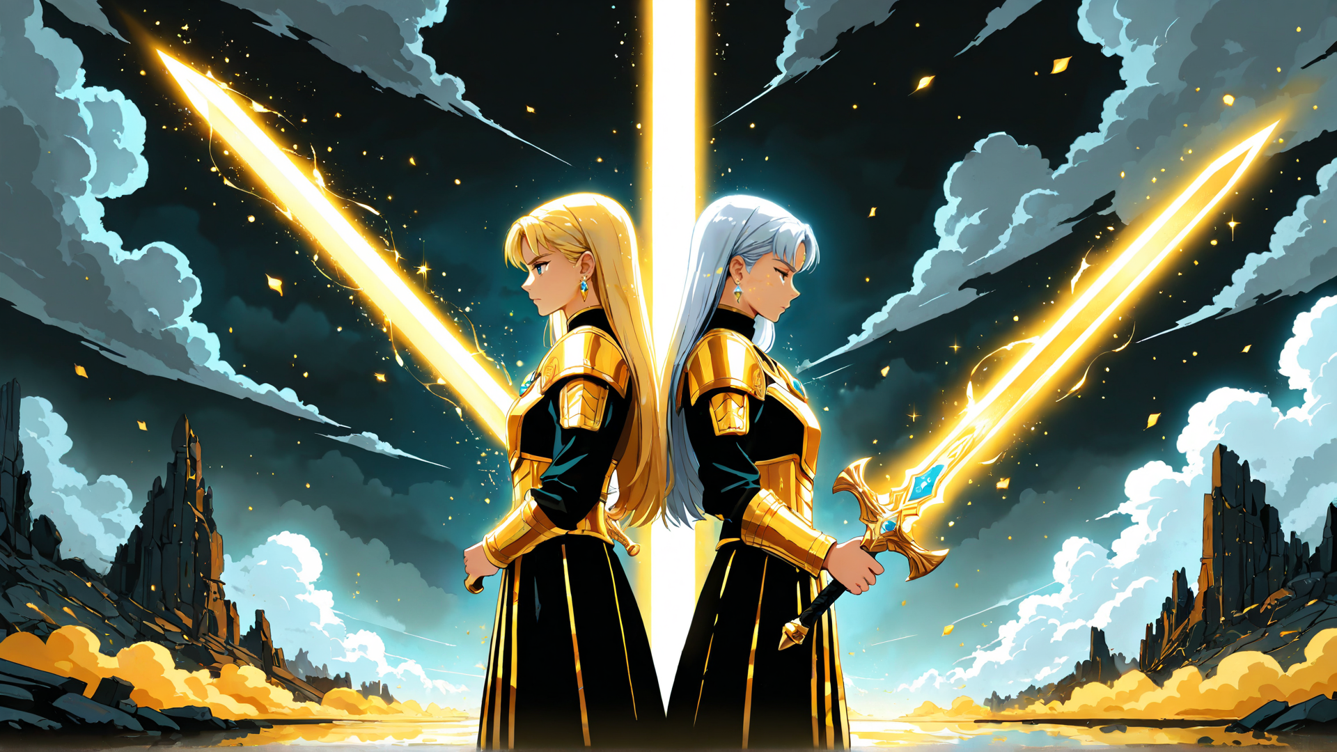 AI generated wallpaper featuring woman, sword, armor, light, cloud, mountain