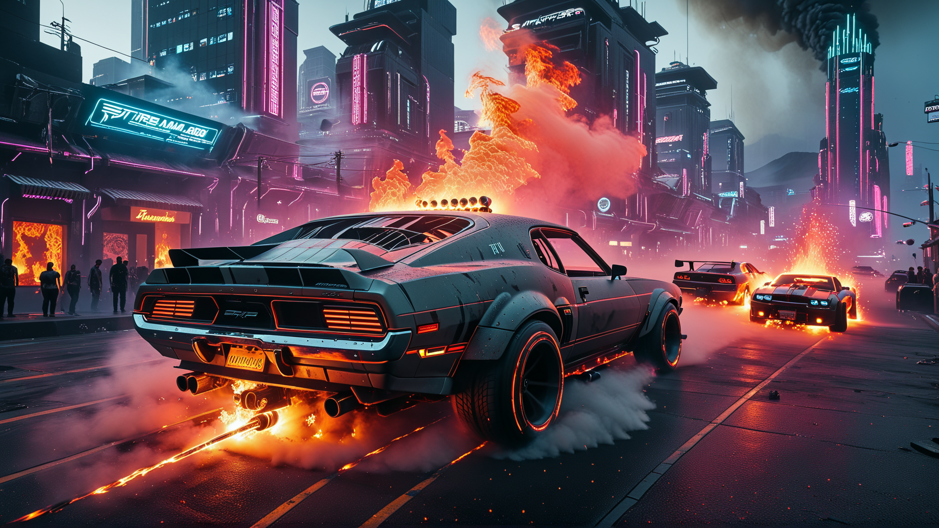 AI generated wallpaper featuring cars, city, fire