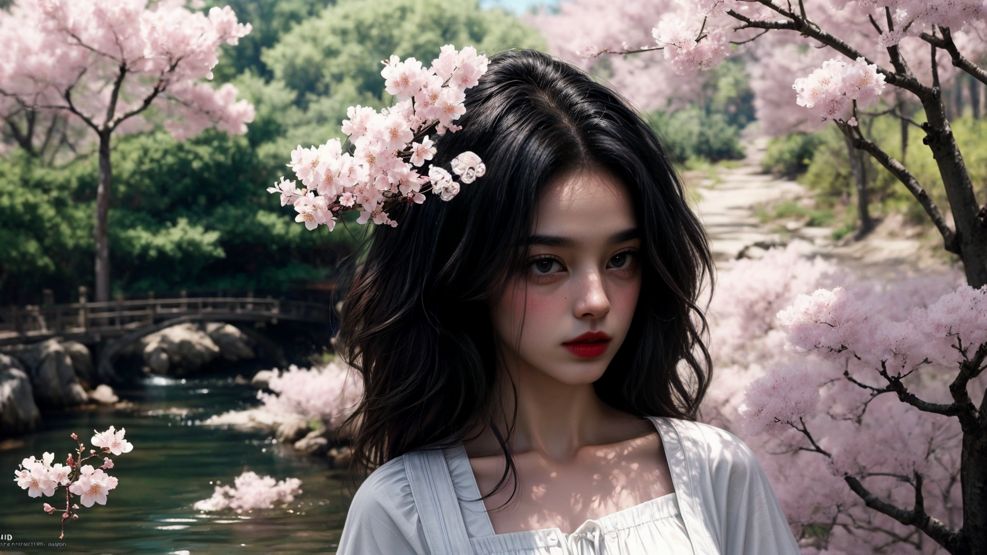 AI generated wallpaper featuring woman, cherry blossoms, river