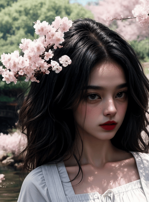 woman, cherry blossoms, river