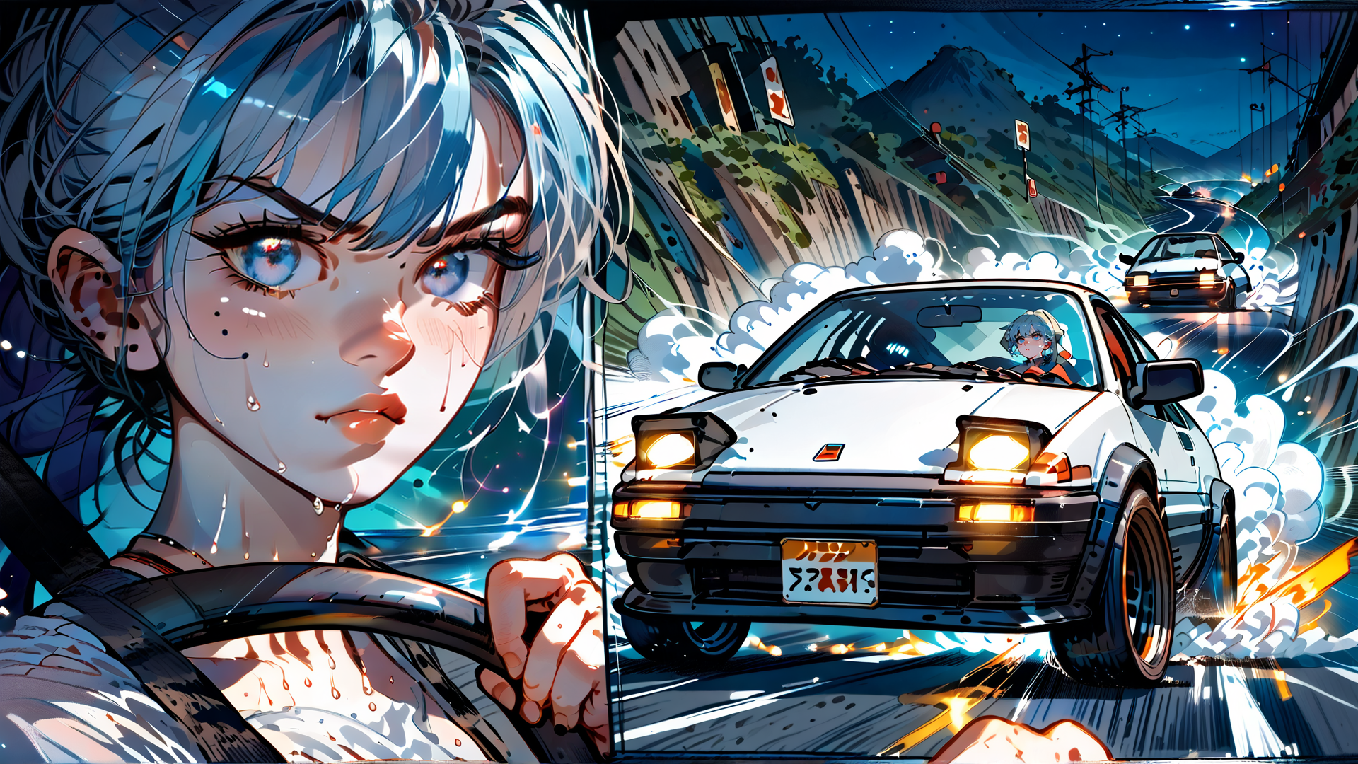 AI generated wallpaper featuring girl, car, driving, race, road, mountain, street, lights, sweat, speed