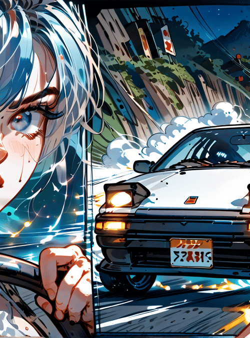 girl, car, driving, race, road, mountain, street, lights, sweat, speed
