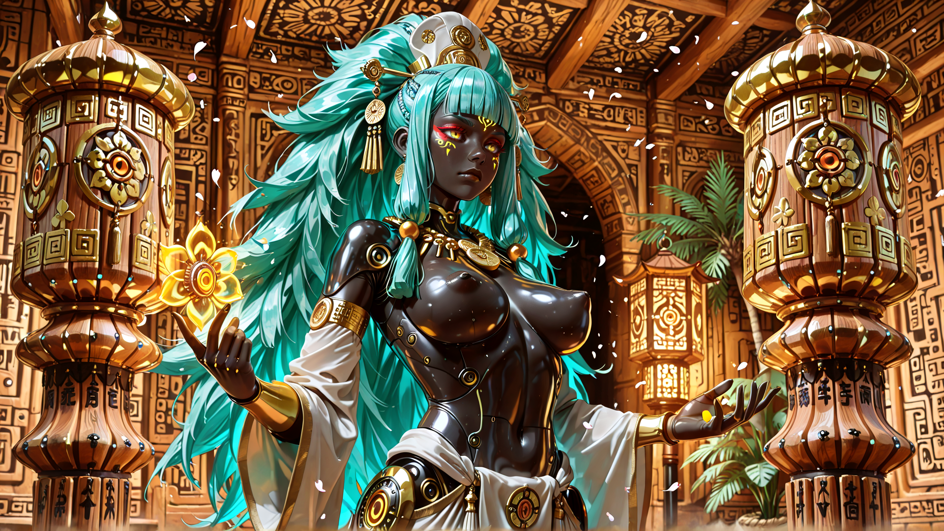 AI generated wallpaper featuring woman, robot, lantern, flower, armor, hair