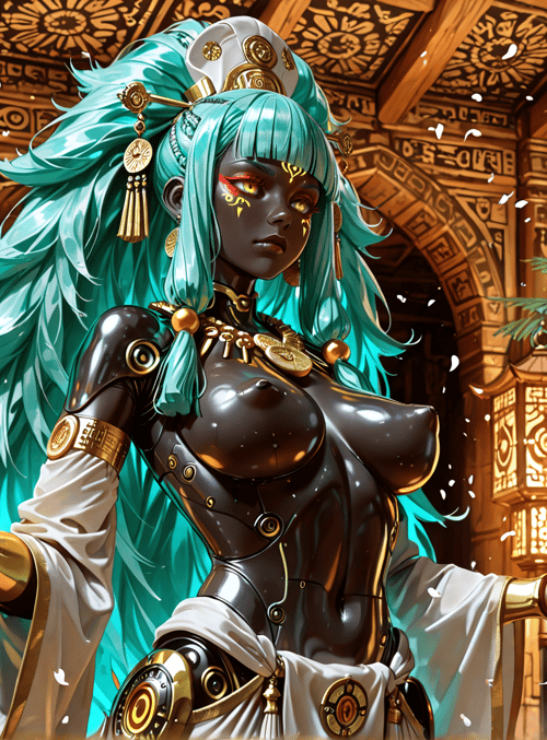 woman, robot, lantern, flower, armor, hair