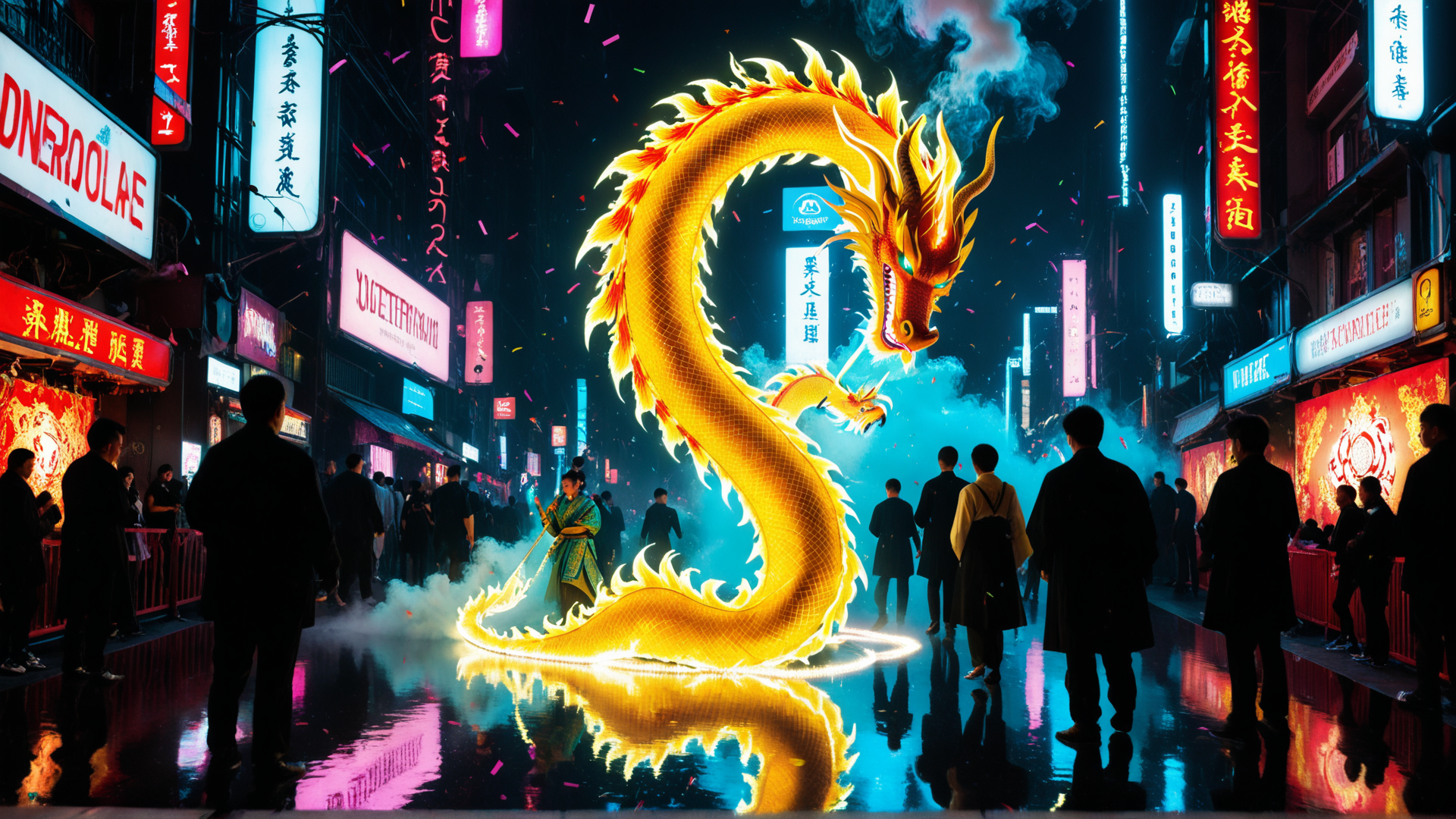 AI generated wallpaper featuring dragon, street, people, neon, confetti, signs, city, reflection, smoke, fireworks