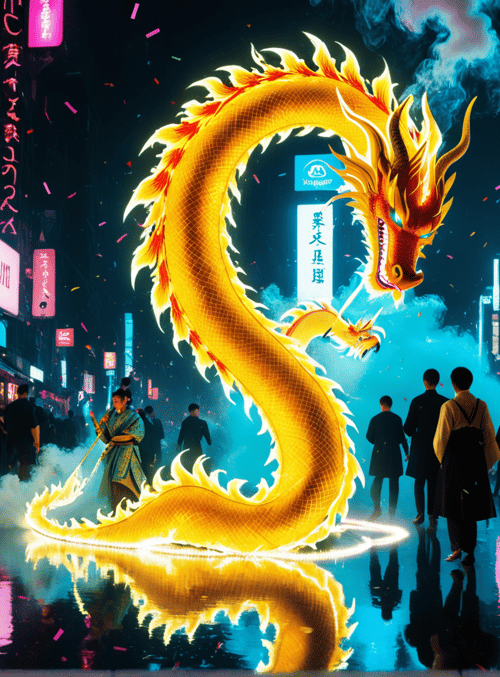 dragon, street, people, neon, confetti, signs, city, reflection, smoke, fireworks