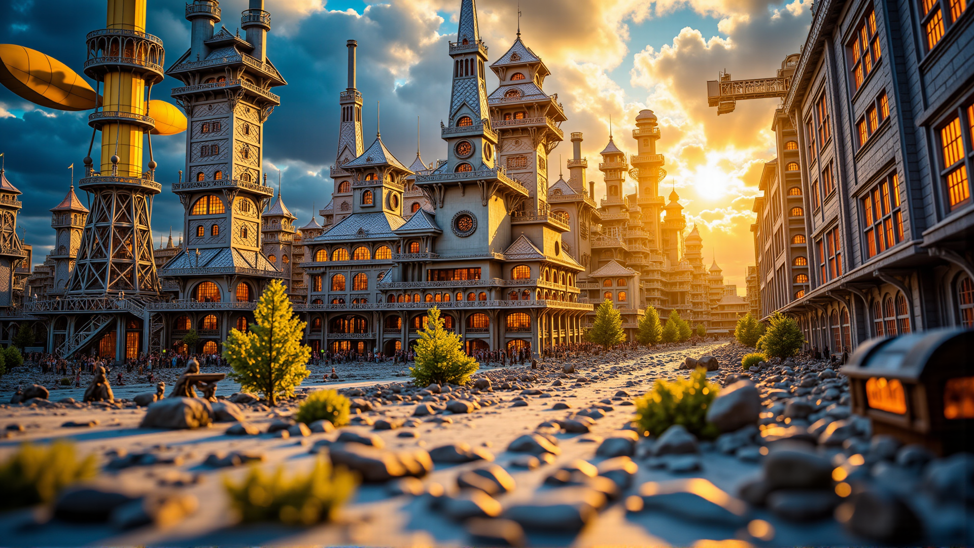 AI generated wallpaper featuring castle, buildings, town, rocks, trees, people, balloon, tower, sky, sun