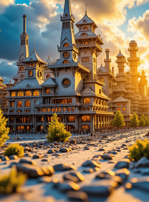 castle, buildings, town, rocks, trees, people, balloon, tower, sky, sun