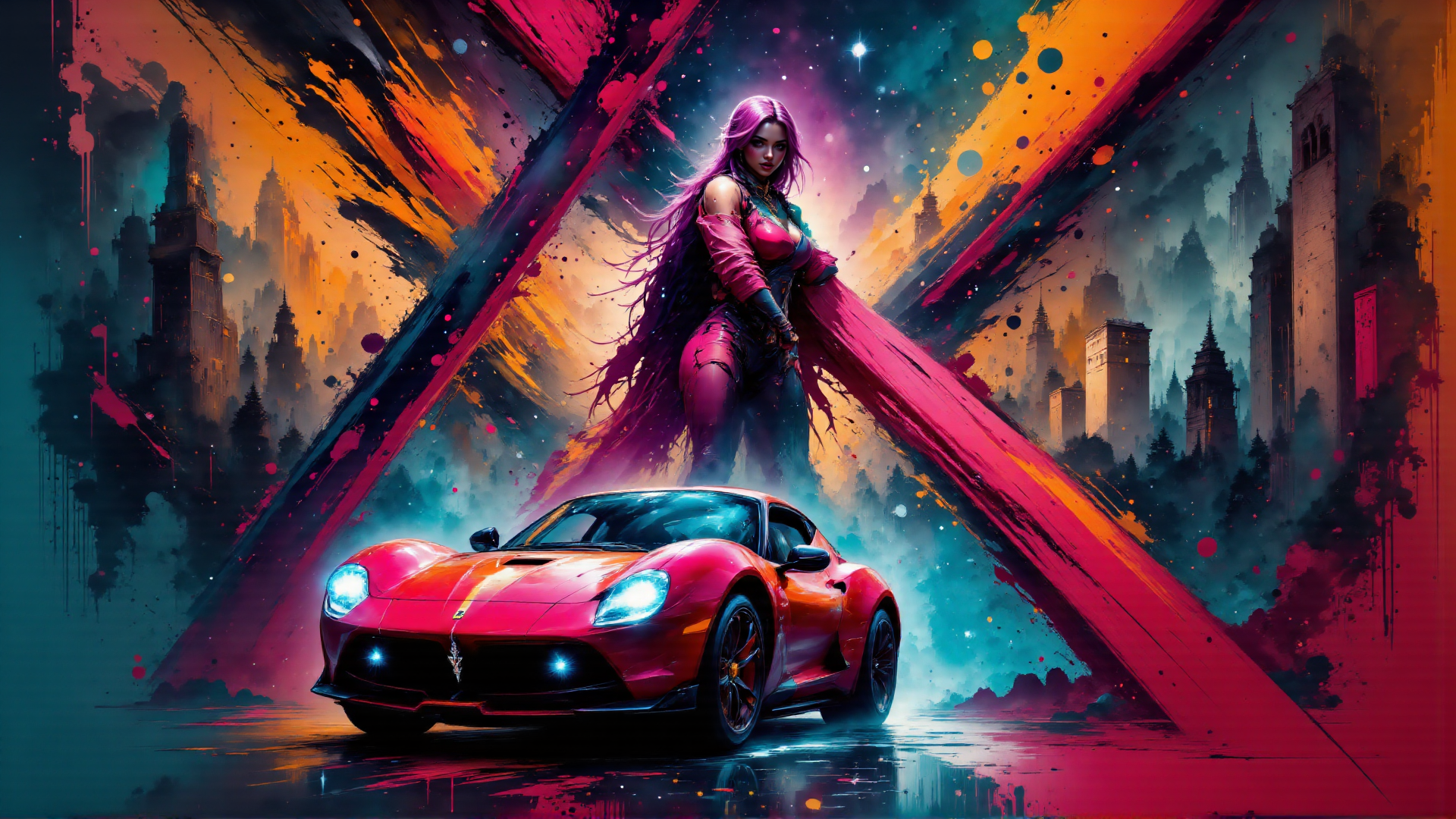 AI generated wallpaper featuring woman, sports car, cityscape