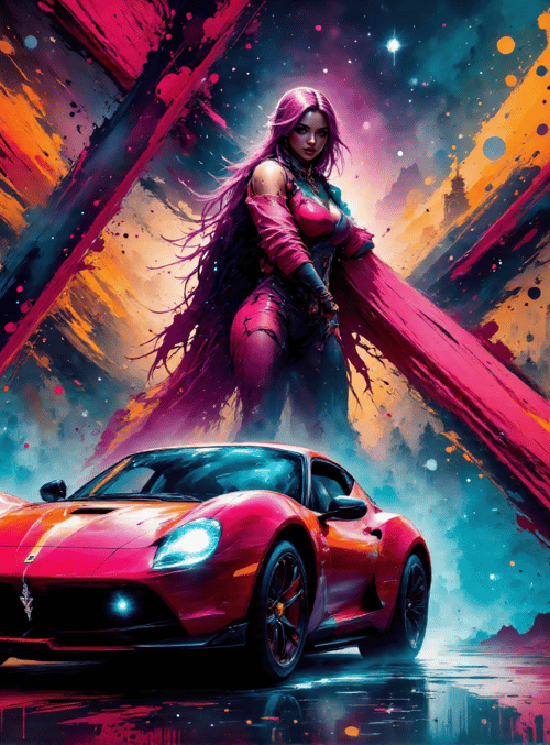 woman, sports car, cityscape