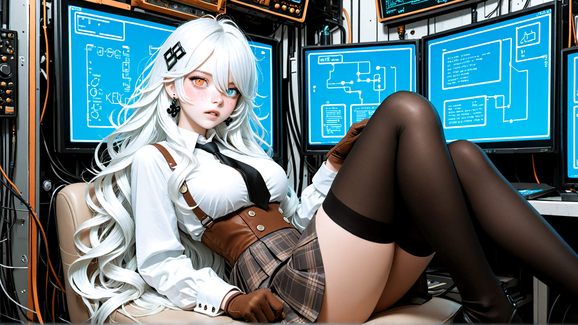 AI generated wallpaper featuring anime girl, cyberpunk, engineer, computer, gloves, skirt, stockings