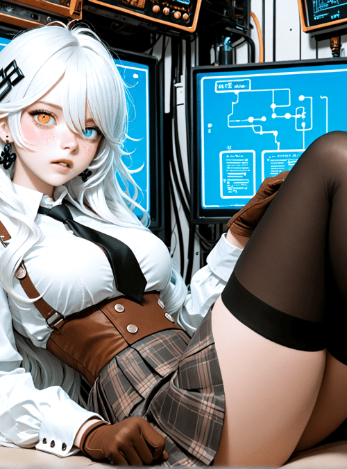 anime girl, cyberpunk, engineer, computer, gloves, skirt, stockings