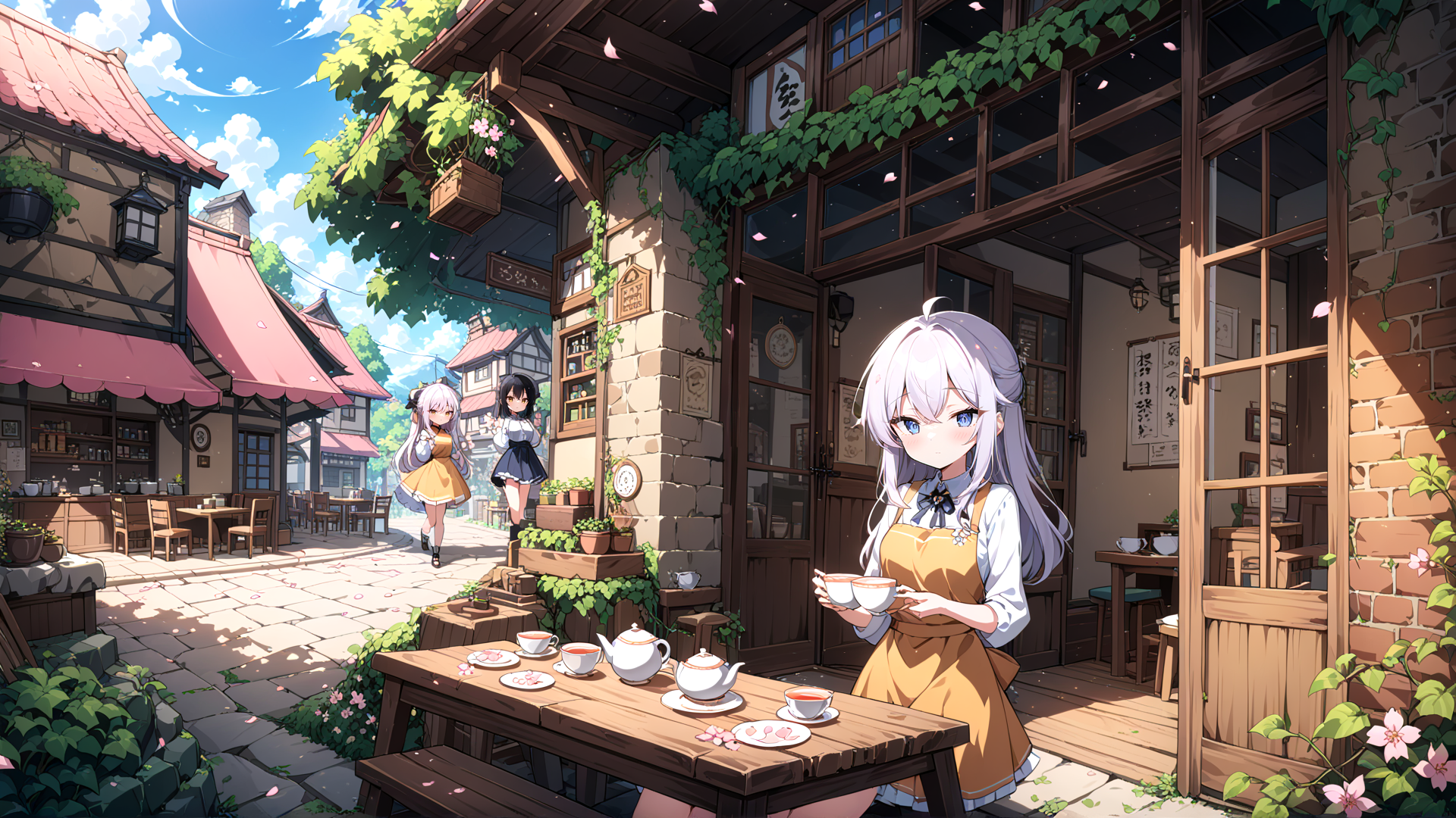 AI generated wallpaper featuring anime girl, cafe, street