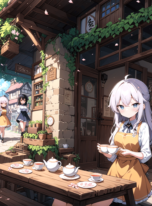 anime girl, cafe, street