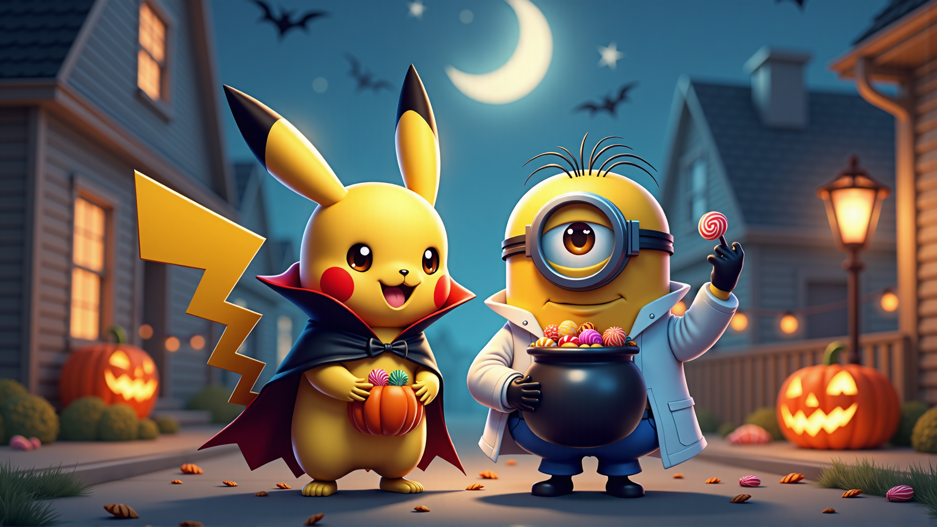 AI generated wallpaper featuring Pikachu, Minion, pumpkin, candy, halloween, cape, moon, bats, street, lantern