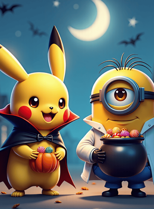Pikachu, Minion, pumpkin, candy, halloween, cape, moon, bats, street, lantern